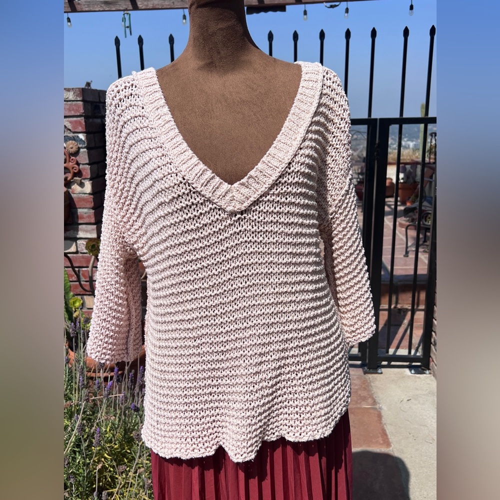 Free People Pink V-Neck Sweater with Ribbed Knit